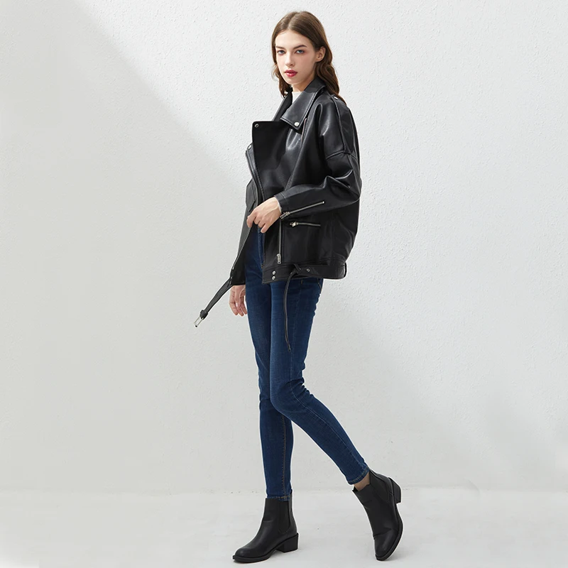 2021Faux Leather Jacket Women Loose Sashes Casual Biker Jackets Outwear Female Tops BF Style Black Leather Jacket Coat enlarge