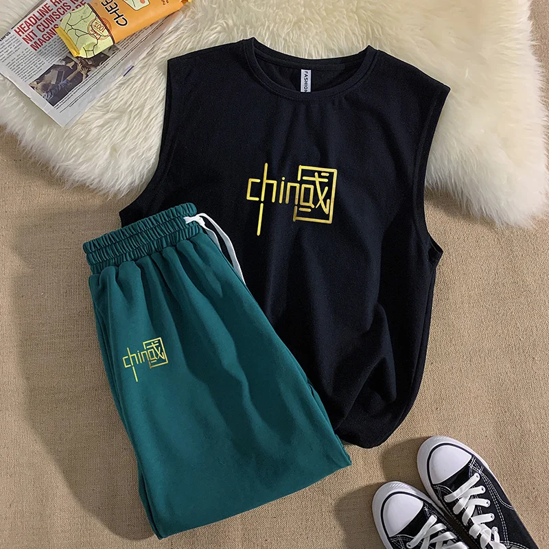 

Gilded summer two-piece suit vest men's leisure sports running shorts handsome fashion brand trend match