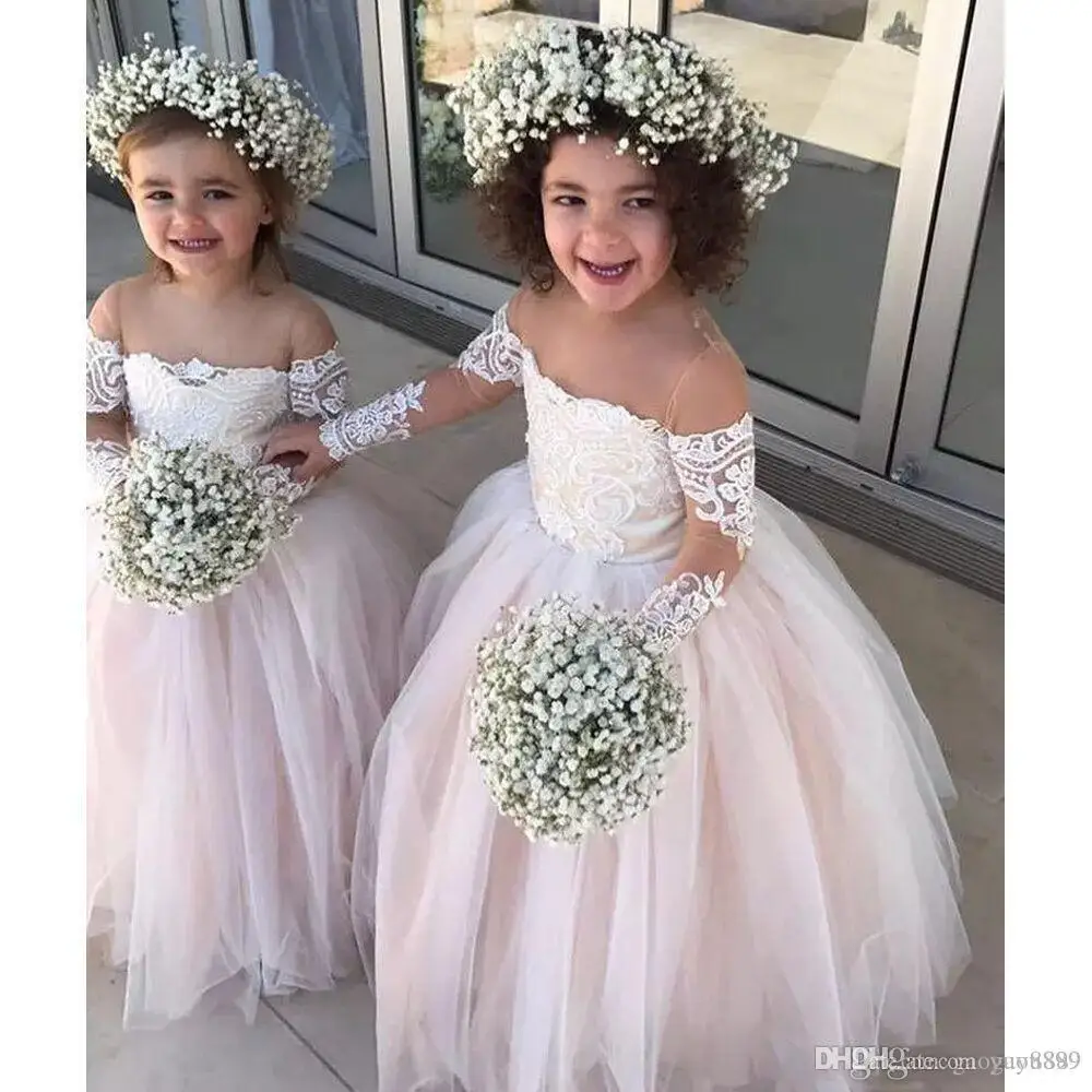 

Lace Sheer Long Sleeves Little Girls Pageant Gowns Tulle Ball Gown Flower Girl Dresses For Wedding Baby Birthday Party Dress Che