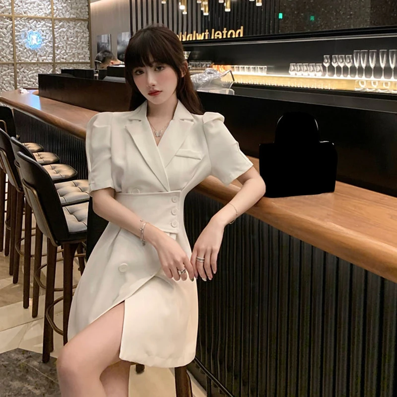 

Casual Suit Collar Summer Women Dress Short Sleeve Office Long Dress Slim A-line Female Dress A829