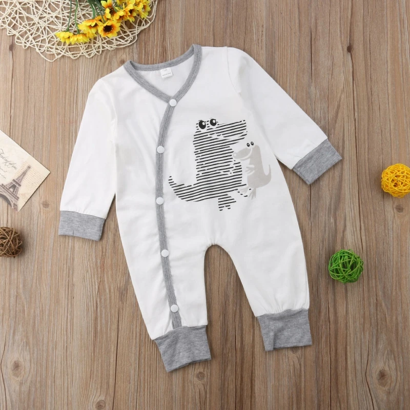 

2021 Newest Autumn Baby White Dinosaur Printed Trousers Climbing Suit