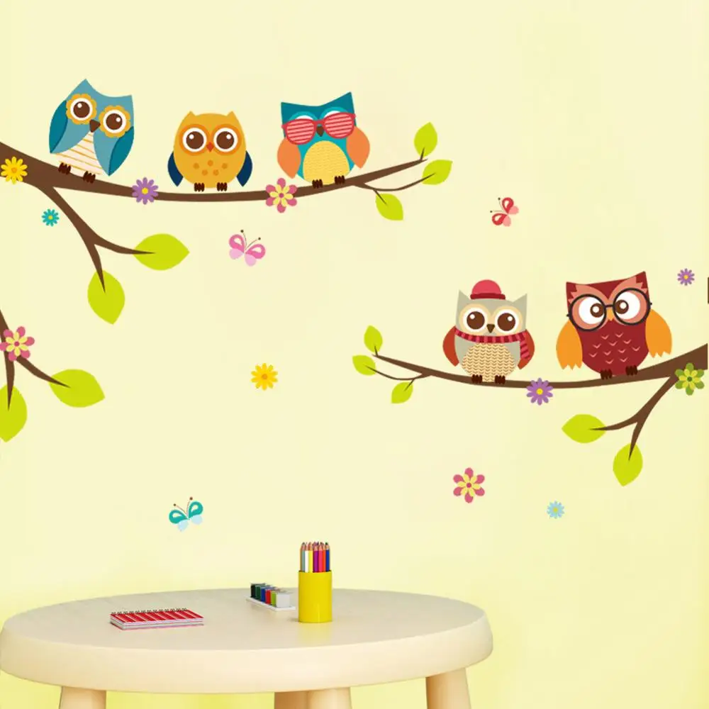 

Cartoon owl branch wall decals for kids rooms living room bedroom home decor diy animal wall stickers pvc posters mural art