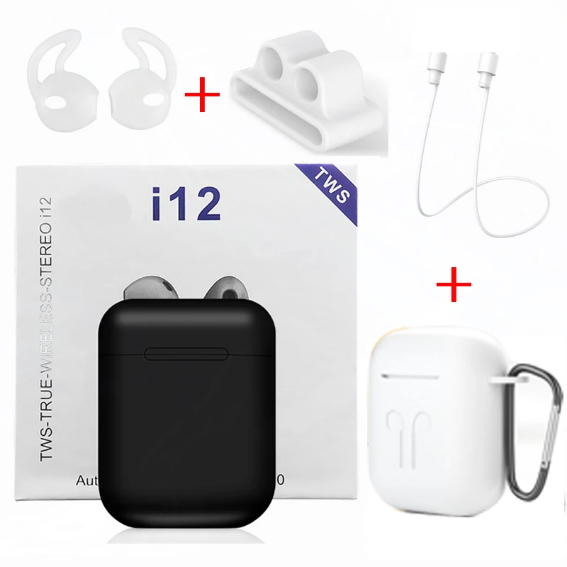 Black - White Cases I12 Наушники Беспроводные Bluetooth 5,0 Спортивные Беспроводные наушники с аксессуары для наушников кожаный чехол для i9s i10 i7s i200 TWS - Цвет: Black - White Cases
