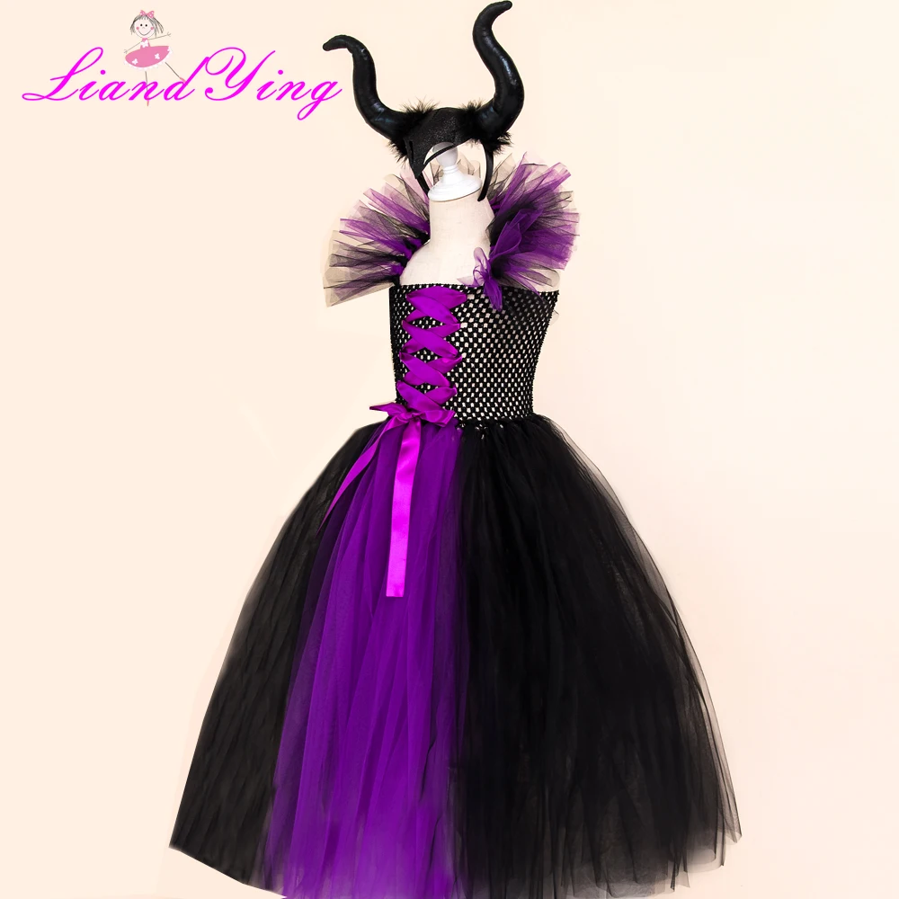 Maleficent/платье-пачка «злая королева» для девочек с рогами, костюм ведьмы для косплея для девочек, детское праздничное платье, детская одежда
