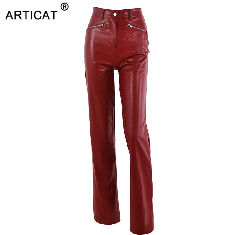 

Articat Solid PU Leather Woman Pants High Waist Elastic Straight Ladies Winter Sexy Streetwear Casual Long Trousers Women