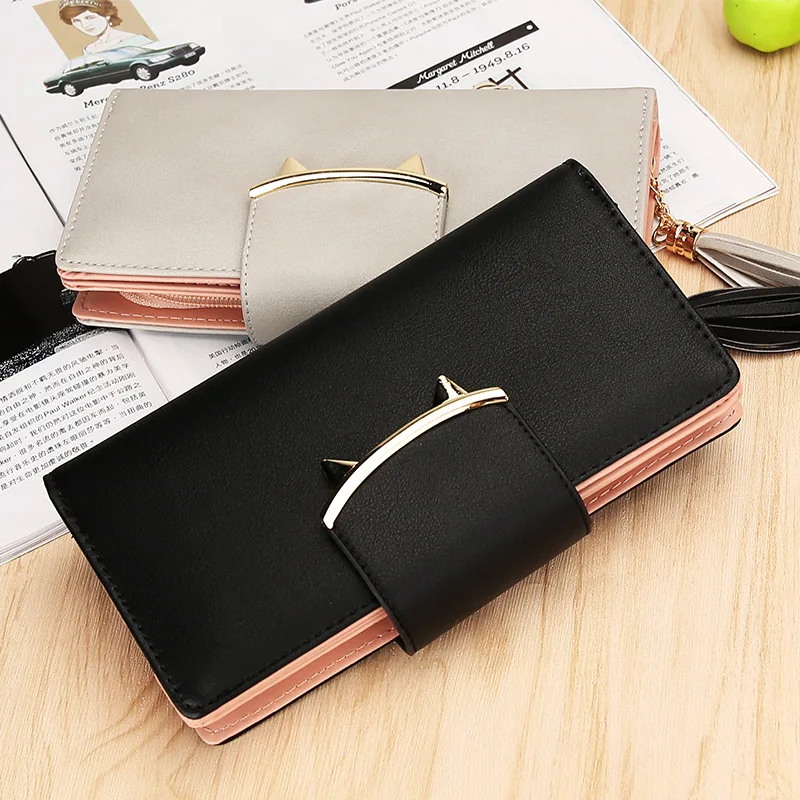 

Ladies Wallets Long Japan Korean Zipper Small Fresh Cat Ear Buckle Student Money Soft Wallet Charming Sexy Phone Card Cash Purse