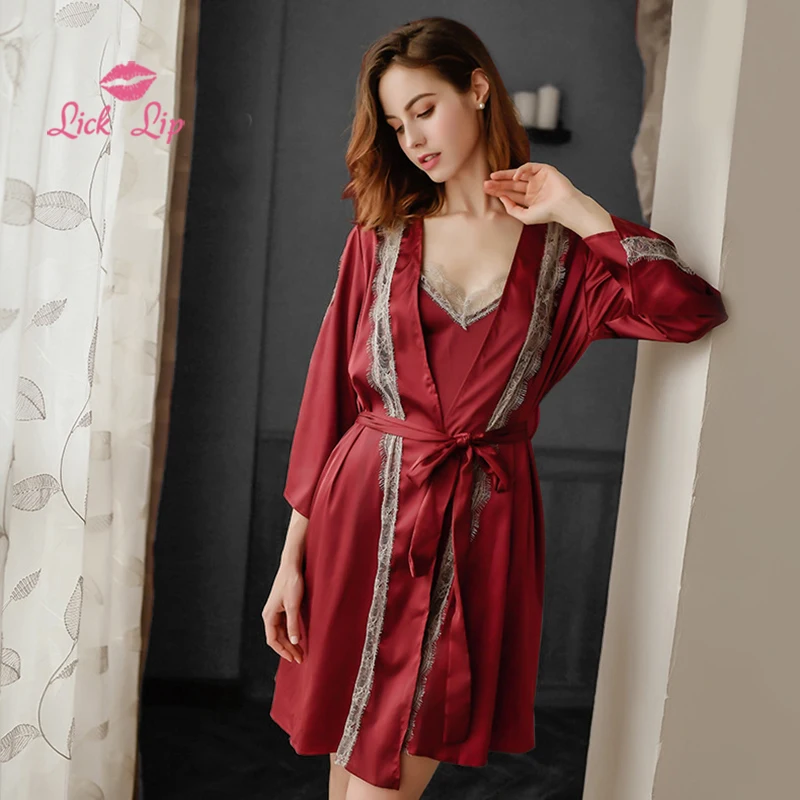 

Осенний Шелковый комплект из двух предметов Lick Lip, халат с V-образным вырезом, кружевная ночная сорочка на бретельках, элегантный халат с дли...