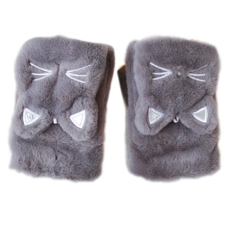 

Winter Fluffy Plush Half Finger Gloves Cartoon Embroidery Convertible Mittens J78E