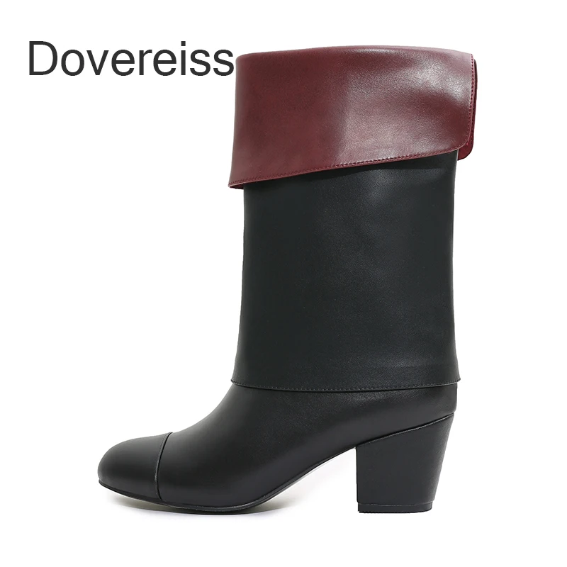 

Dovereiss Fashion Women's Shoes Winter Round Toe Sexy New Block Heels Genuine Leather Half Boots Ladies Boots 40 41 42 43
