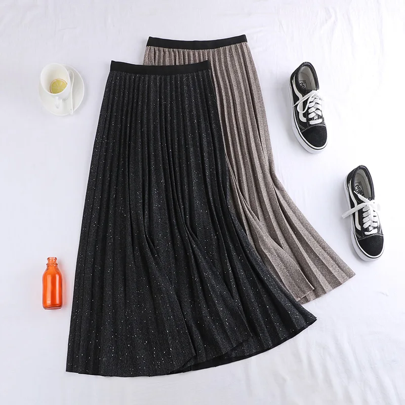 Осенне зимняя новая Корейская длинная Плиссированная юбка из металлического