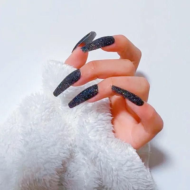 

Супер длинная Черная вспышка для ногтей в форме куска Блестящий Порошок для ногтей серебряный блеск для ногтей 24 накладные ногти MZY01