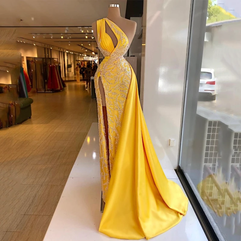 

Thinyfull Sexy Prom Dresses Yellow Satin High Split Sequins Evening Dress Saudi Arabia Mermaid One Shoulder Cocktail Party Gowns