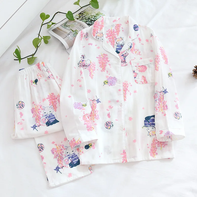 

Japanese Women Spring And Summer Pajamas Two-piece Cotton Gauze Ladies Long-sleeved Cartoon Print Casual Home Service Suit Thin