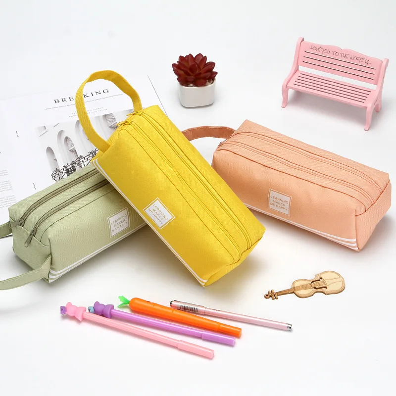

New Portable Simple Solid Color Striped Double-Layer Stationery Storage Bag Student Creative Large-Capacity Pencil Case