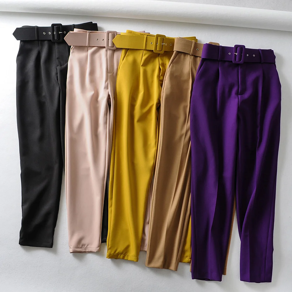 

Women elegant black pants sashes pockets zipper fly solid ladies streetwear 2020 casual chic trousers pantalones 9 colors
