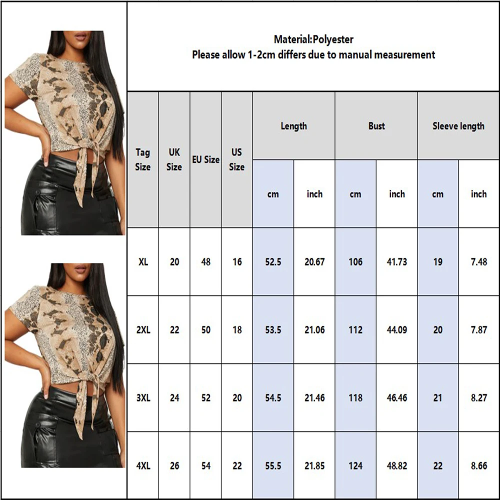 

Plus Size Snake Print Lace-Up Short-Sleeved Large Size Tops Blusas Summer T-shirt Top Women's T-shrit Crop Tops for Ladies D30