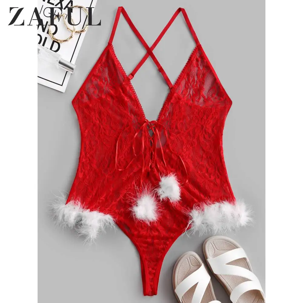 ZAFUL на шнуровке прозрачные кружевные рождественские перья Тедди для женщин полые