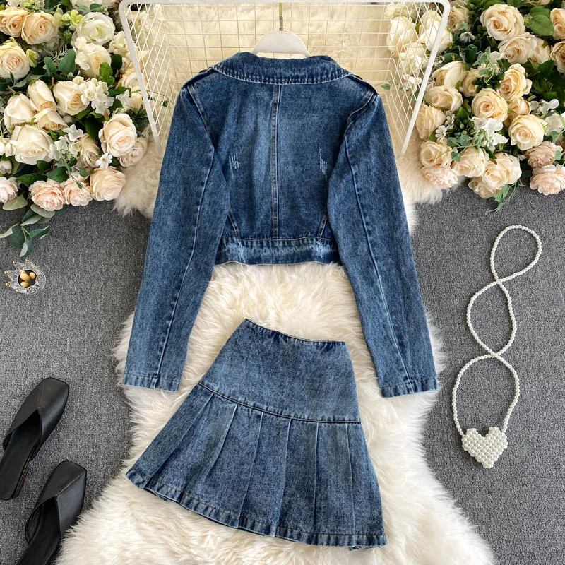 Женский джинсовый костюм ALPHALMODA с отложным воротником и длинными рукавами