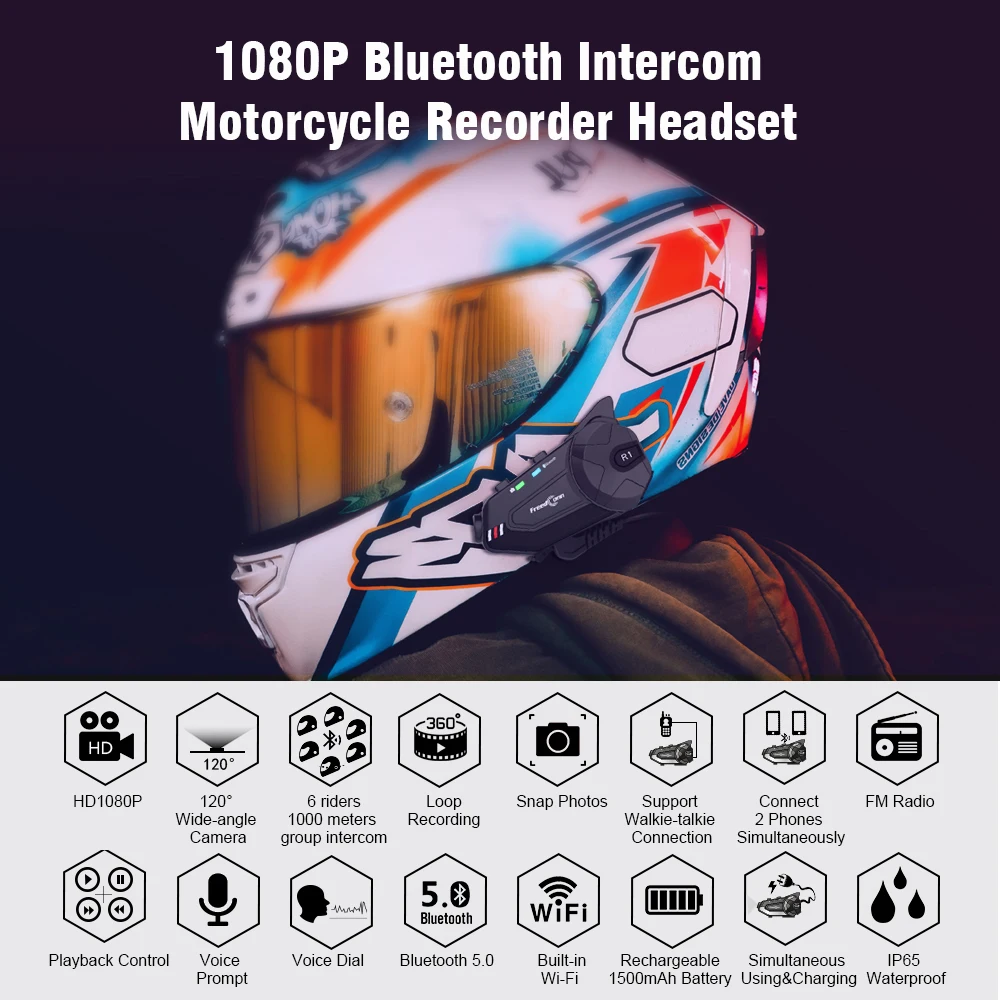 Freedconn R1 плюс рекордер Wifi Bluetooth 5 0 мотоцикл группа домофон HD 1080P видео плеер FM 6 Riders