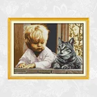 Набор для вышивки крестиком DMC 14CT 11CT, Набор для вышивки на холсте с изображением кота и мальчика, ручная работа, украшение для дома