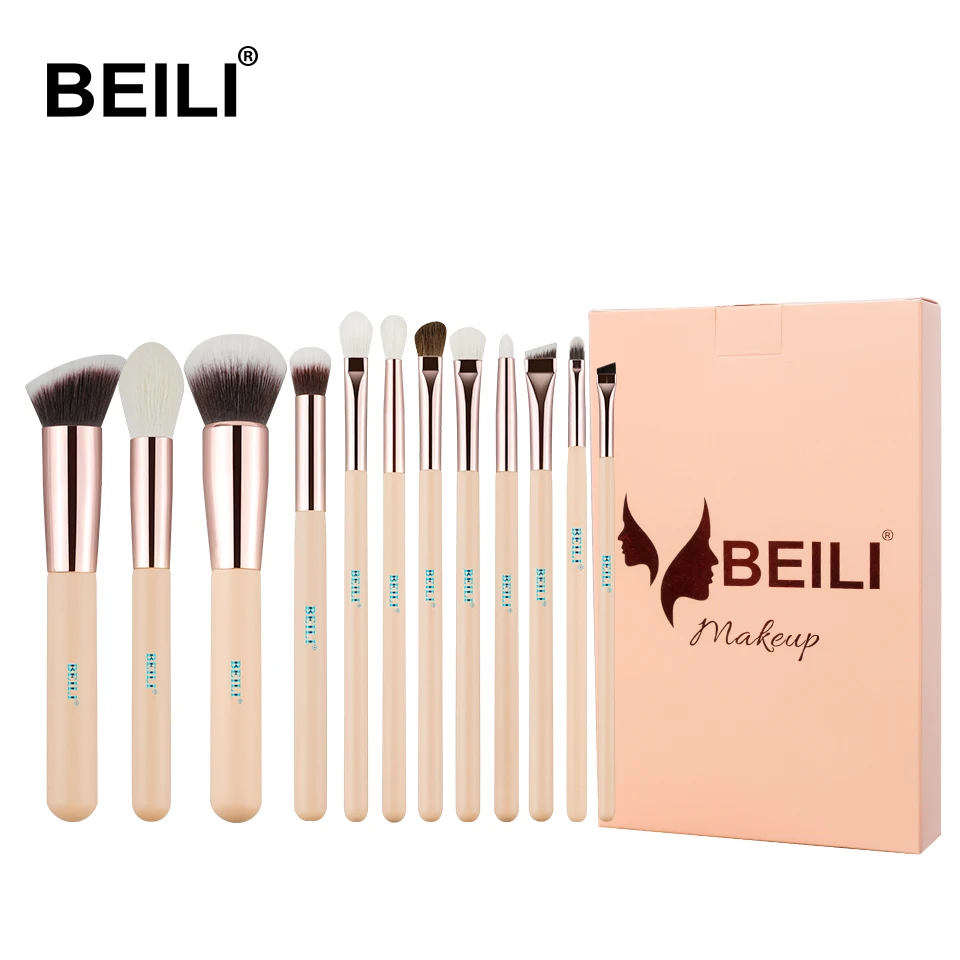 BEILI, розовая кисть из козьего волоса, базовая основа, тени для век, растушевка, хайлайтер, консилер, 12 шт., набор кистей для макияжа, розовый, золотой ободок