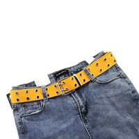 fashion double row eyelet rivet pin buckle belt for women wide canvas waist strap casual jeans trousers pants punk waistband