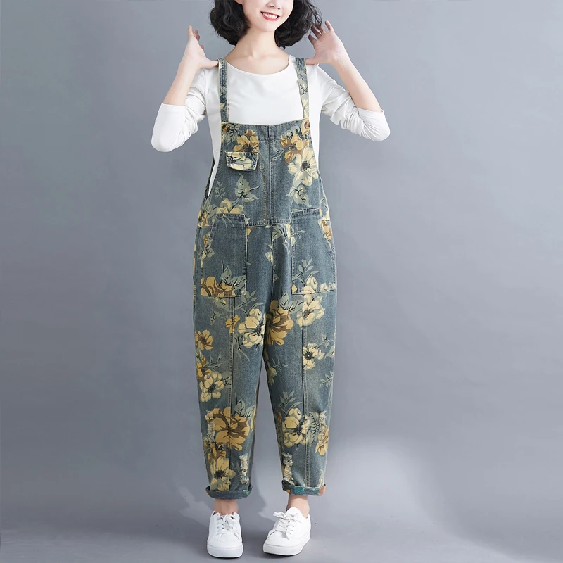 Женский джинсовый комбинезон на бретелях повседневный синий большого размера с