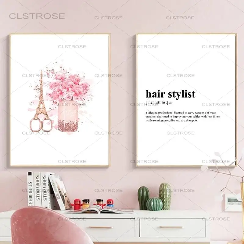 

Hair Stylist Definition Canvas Painting Watercolor Floral Makeup Fashion Wall Art Canvas Painting Eiffel Scissors Picture Decor
