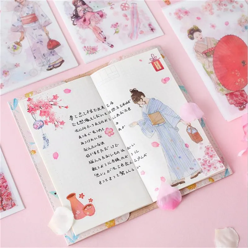 6 листов/упаковка весенние Розовые Сакура и кимоно японские бумажные