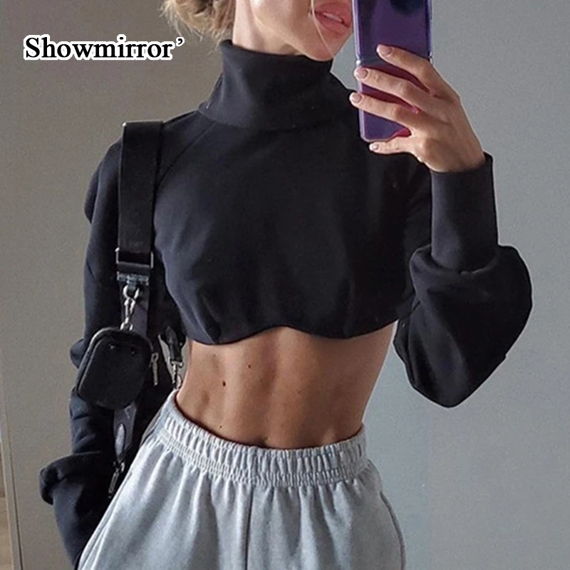 

Showmirror Autumn 2021 Turtleneck Crop Top Women Lantern Sleeve Back Zipper Sweatshirt Fashion Streetwear Gothic Clothes