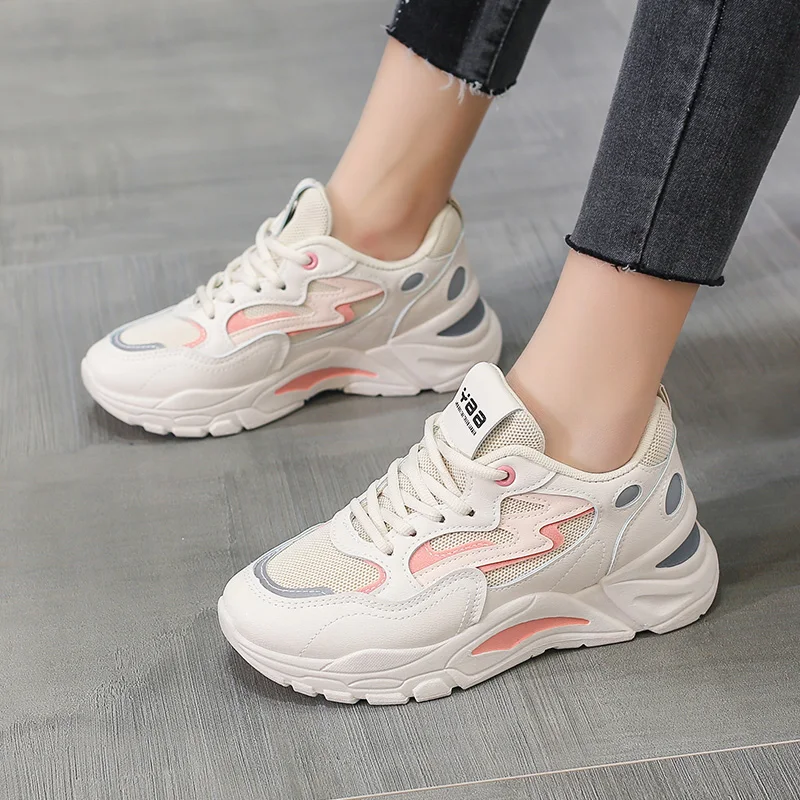 

Women's Chunky Sneakers 2021 Fashion Women Platform Lace Up Pink White Vulcanize Shoes Womens Female Trainers Girls Shoes