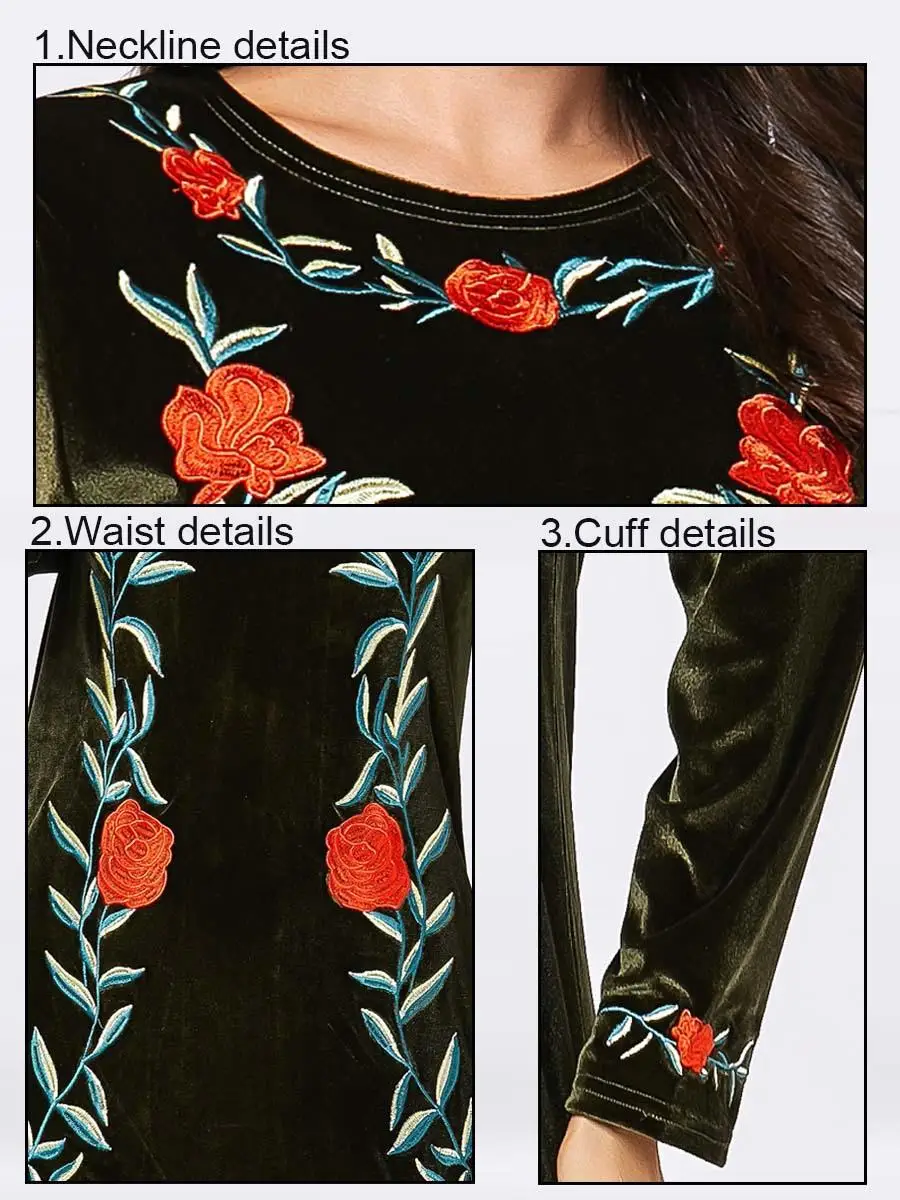 

Muslim Women Embroidery Abaya Long Sleeve Maxi Dress Velvet Robe Casual Islamic Dubai O-neck Autumn Winter Dress Plus Size Gown