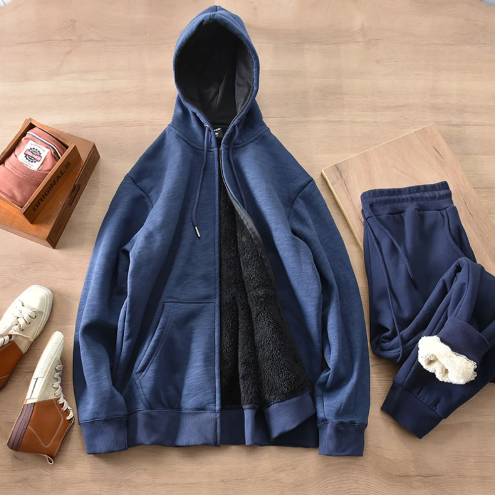 

Cashmere lamb hooded cardigan men's winter loose casual thickened lamb wool coat