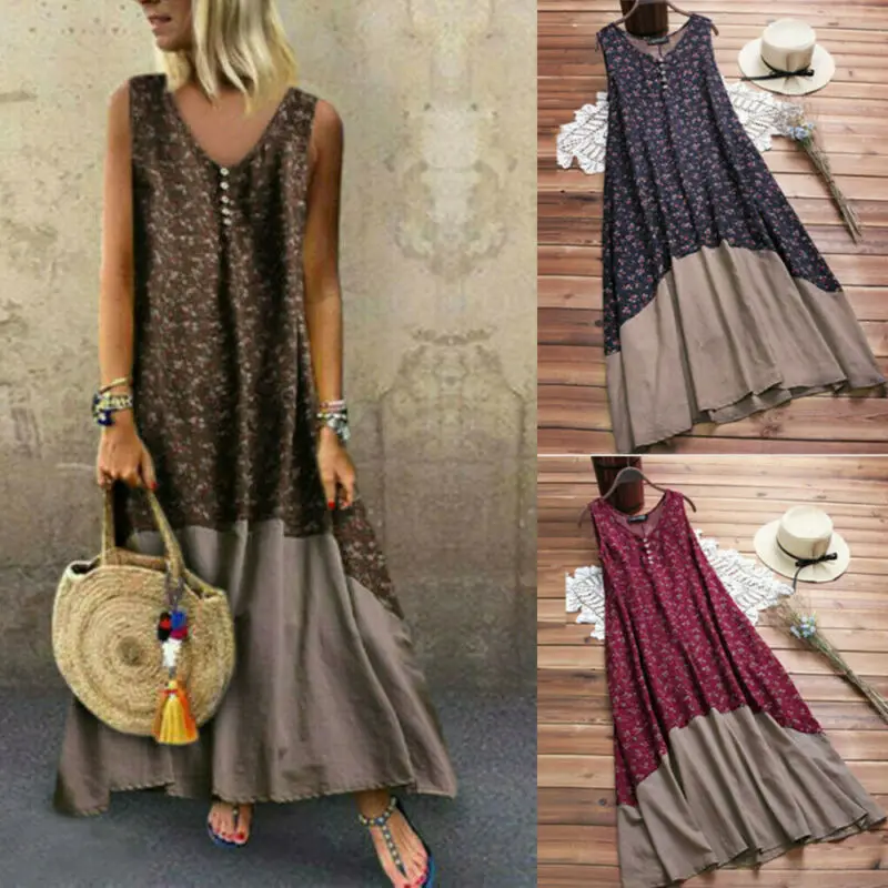 Платье женское длинное в стиле ретро хлопково-льняное свободное Макси-платье