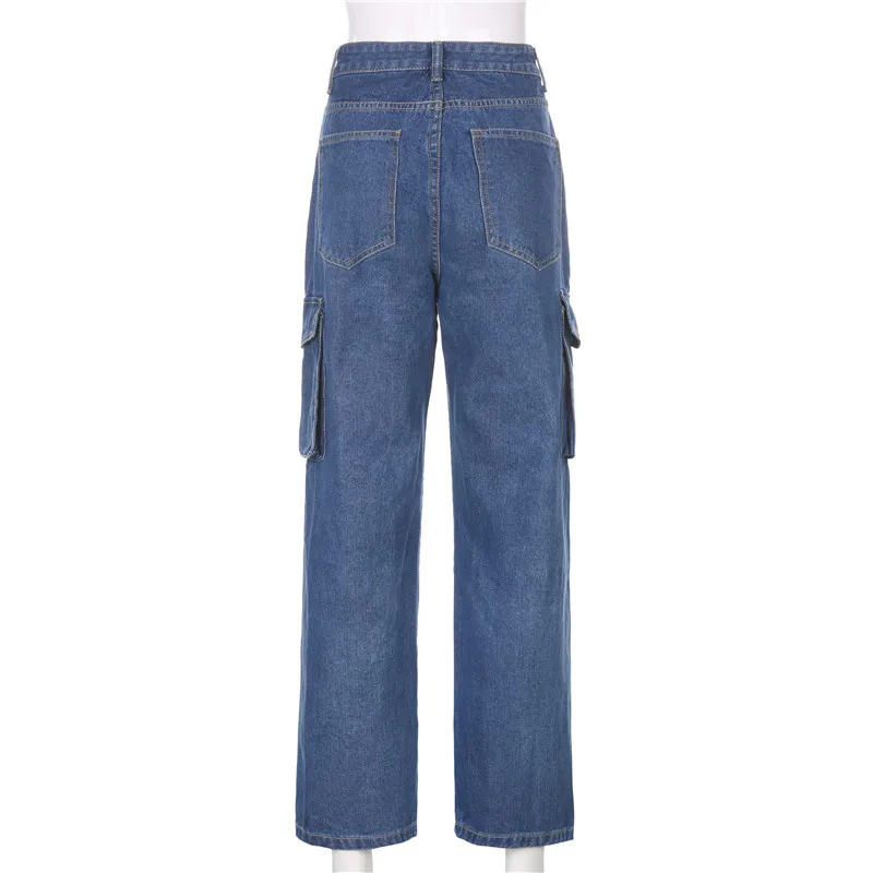 

2020 New Arrivals Woman Autumn Winter High Waist Ladies Jeans Cotton Double Pockets Solid High Street Denim Loose Stright Pants