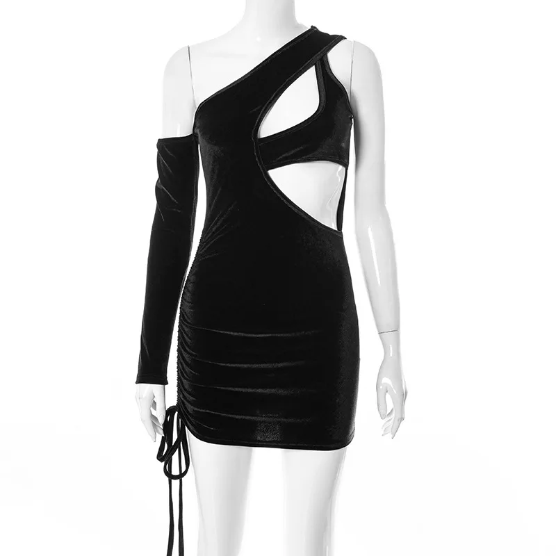 

Bangniweigou velvet one shoulder hollow out party mini dress black for women summer sexy bandage short dresses one sleeve
