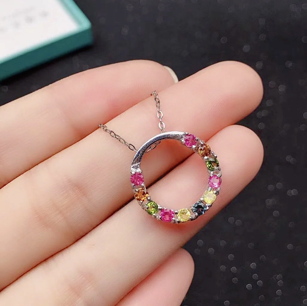 

Sterling Silver Circle Pendant with Gemstones 2.5mm Natural Tourmaline Pendant Solid 925 Silver Tourmaline Jewelry