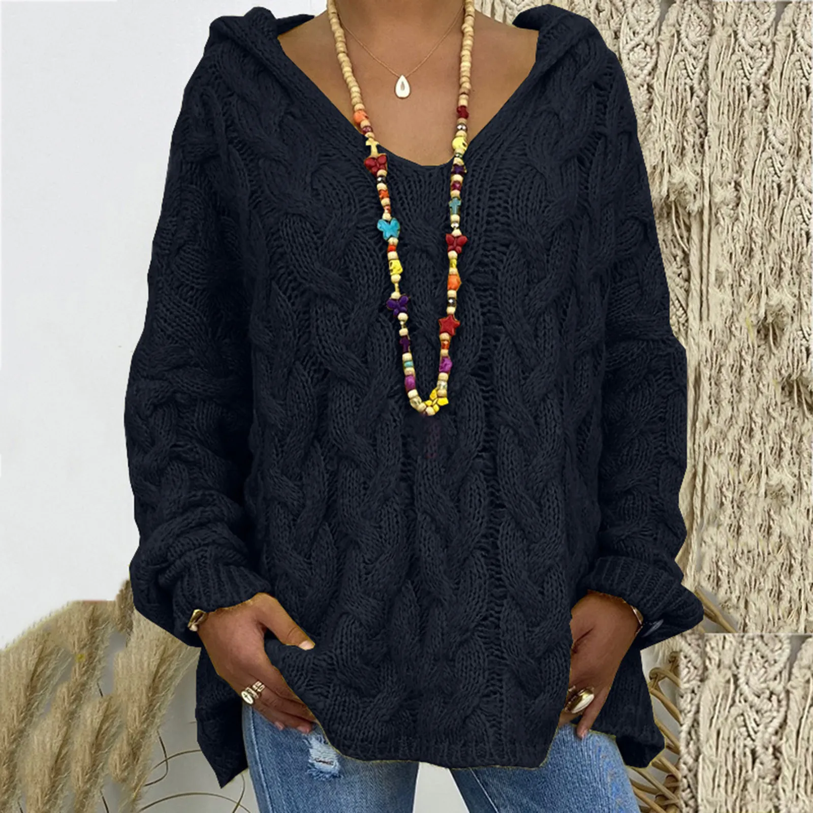 

Женский трикотажный кардиган с длинным рукавом, теплый однотонный свободный свитер с V-образным вырезом, зима 2021