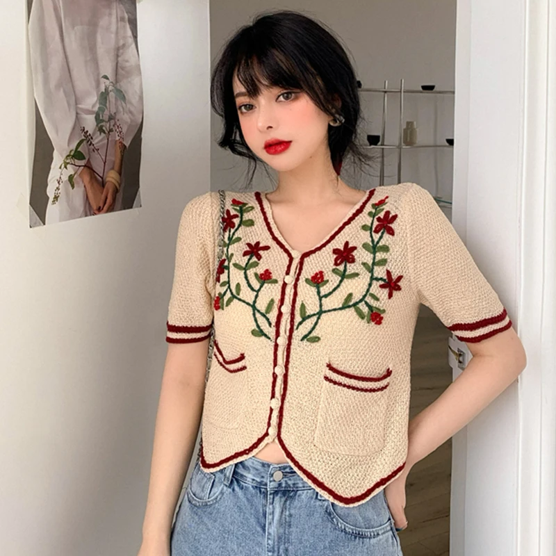 Женские вязаные футболки с цветочной вышивкой винтажные свободные рубашки