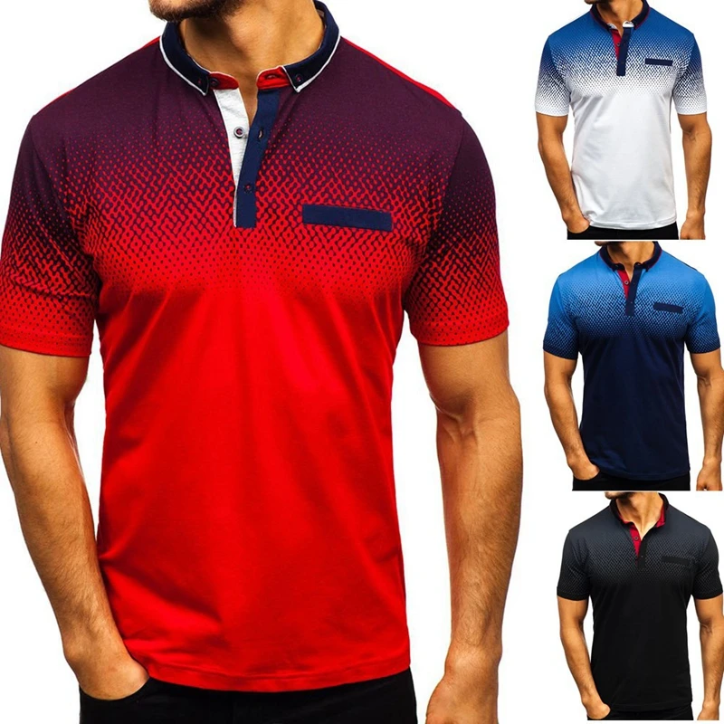

New Men Shirts Blue And White Gradient England Style Men Shirt Summer Casual Loose Turn-down Collar Clothing