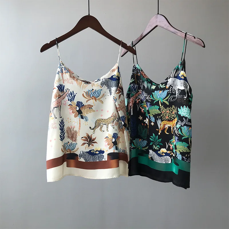 

2020 Summer Camis Chic Vintage Print Satin Material Tops Sexy Strap Boho Women V-Neck Tank Top Female