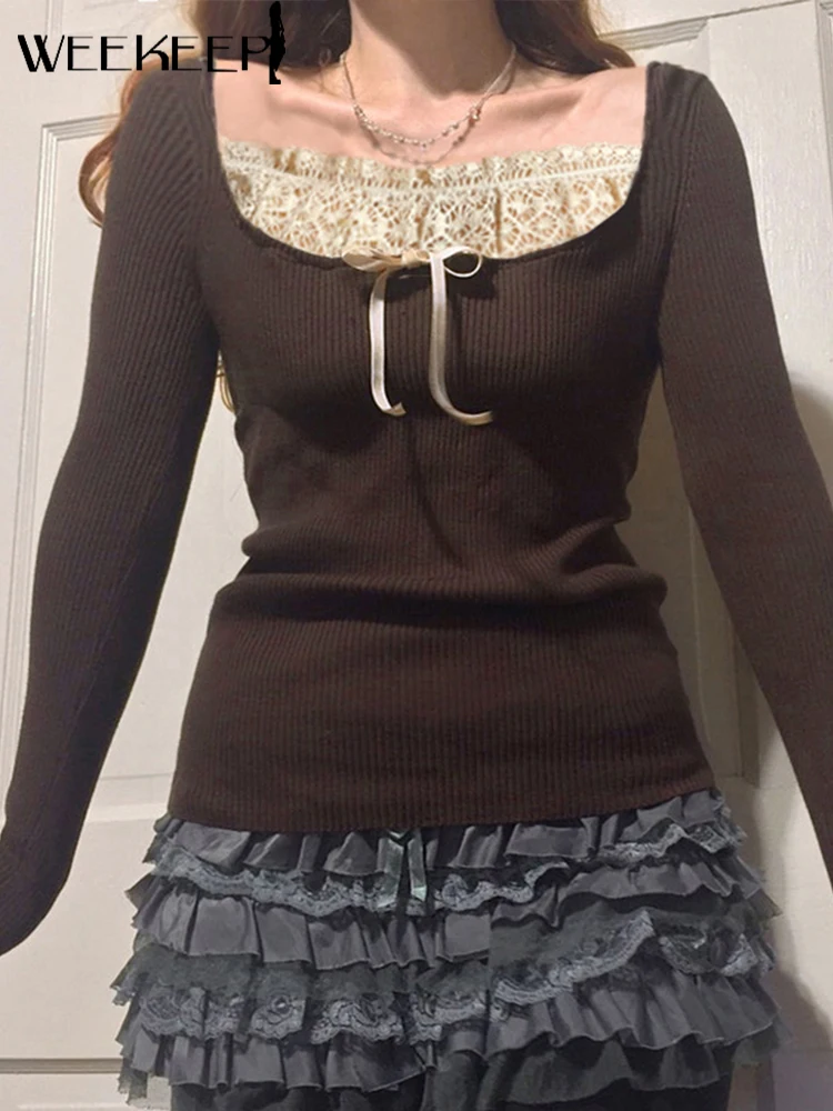 

Weekeep Y2k Vintage Lace Crop Top Women Streetwear Kawaii Patchwork Skinny Knit Autumn T Shirts Grunge Aesthetic Fairycore Cloth