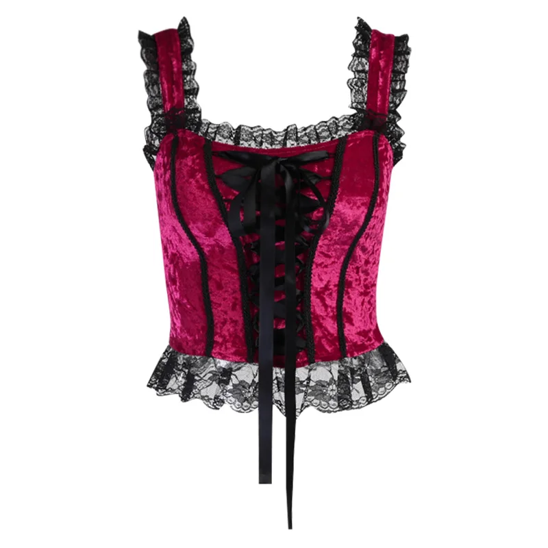 

InsDoit Vintage Lace Patchwork Tank Top Gothic Clothes Streetwear Bodycon Bandage Backless Tanks Women Sexy Sleeveless Crop Tops