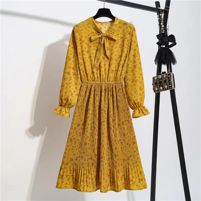 

2021 Autumn Dress Womens Floral Print Harajuku Dress Women Bow Collar Boho Pleated Mid-calf Dresses Korean Vestidos De Mujer