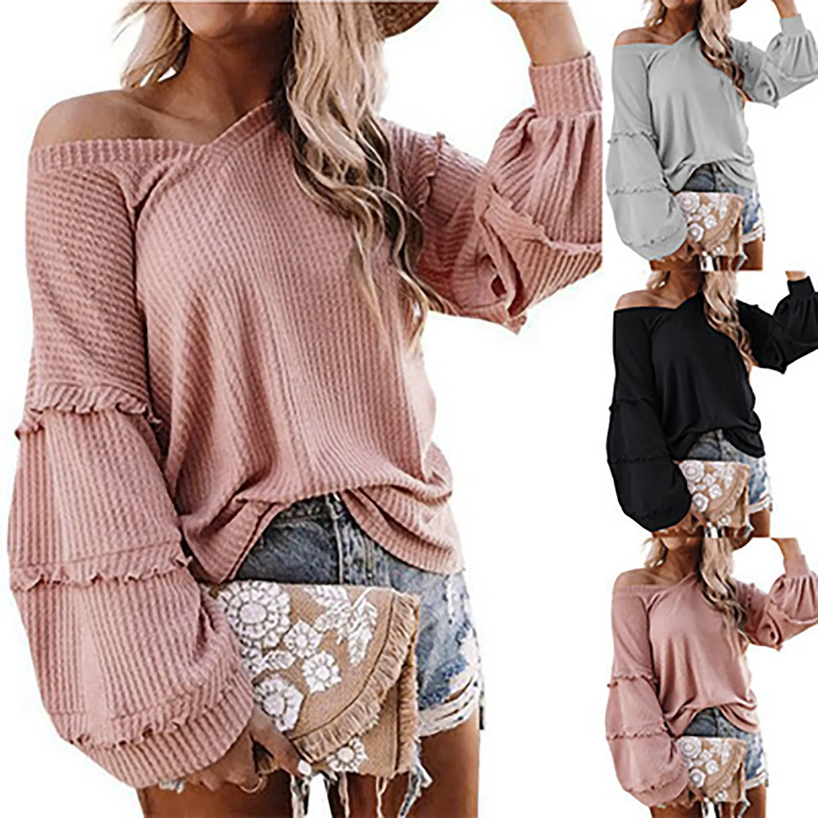 

Fashion Waffle Sweater Women V-neck Loose Casual Top With Sweet Bubble Cuffs Stitching Wood Ears Long Sleeve Pullover Sweaters
