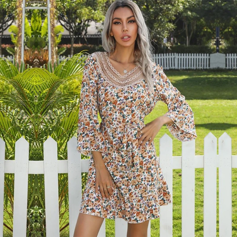 

Flare Long Sleeve Dress Spring Women Flower Print Stitching Lace V-Neck Dresses 67JF