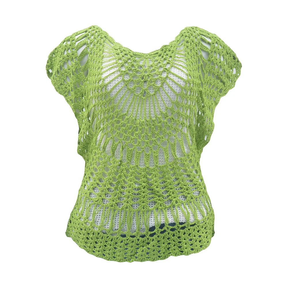 

Summer Women Crochet Top Hand Knitted Batwing Sleeve Green Causal Holiday Out Wear Shirt Brown Tee For Female