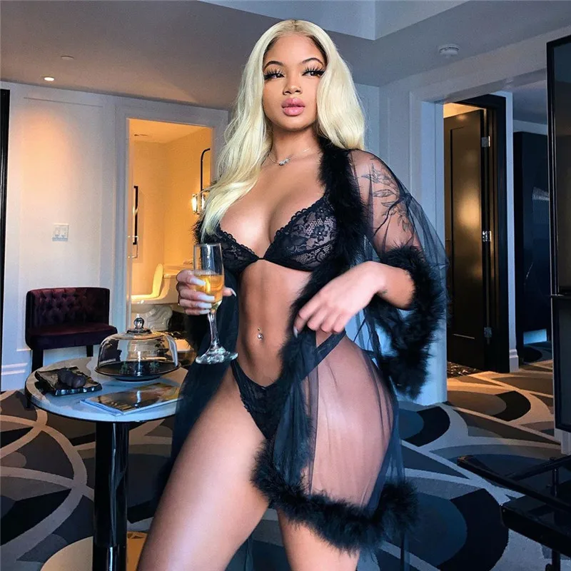 Sexy Women Lingerie Mesh Sheer See Through Long Flare Sleeve Feather Dress Sleepwear Robe Night Gown Erotic | Тематическая одежда