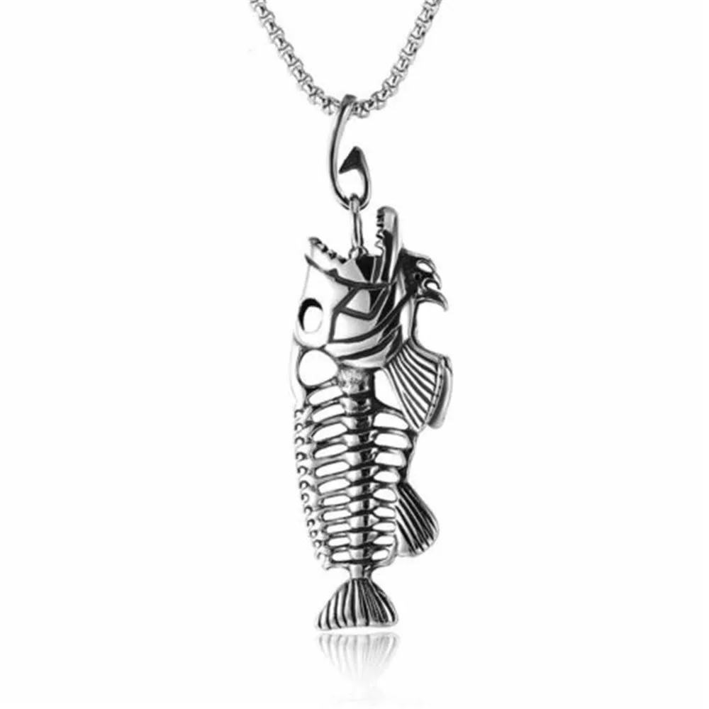 

Mens Fishing Fish Bone Skeleton Hook Necklace Pendant Stainless Steel