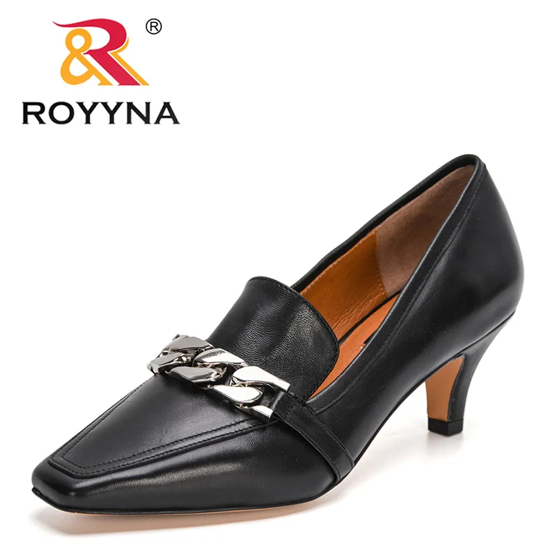 

ROYYNA 2021 New Designers Genuine Leather Autumn Women's Shoes Pumps Slip-On Solid Round Toe Fashion Leisure High Heels Shoes